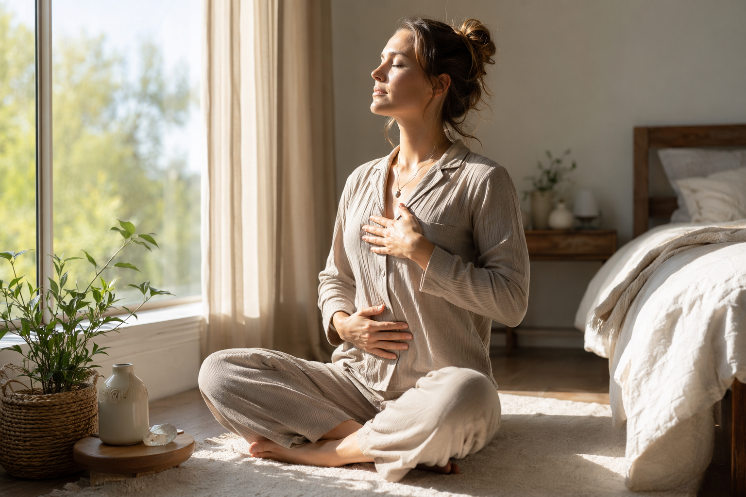 Personne méditant près d'une fenêtre au lever du soleil