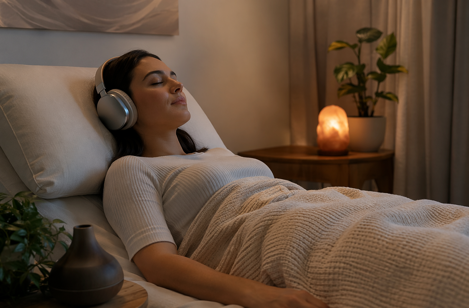 Personne allongée avec casque audio dans une chambre tamisée