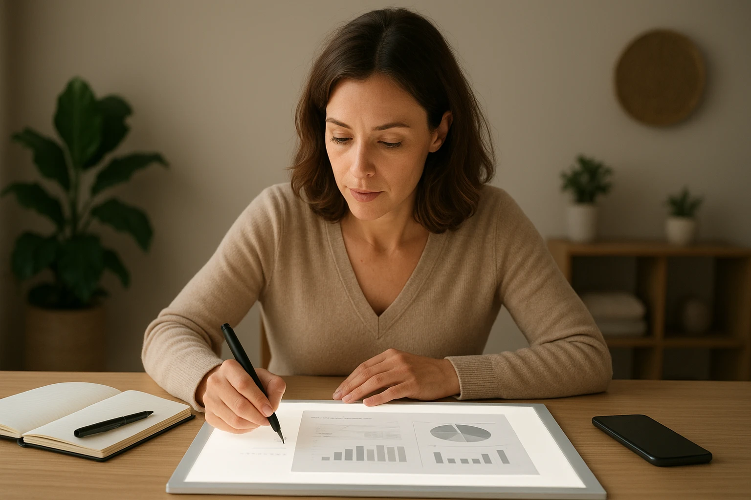 Une coach bien-être organise son agenda sur une table lumineuse