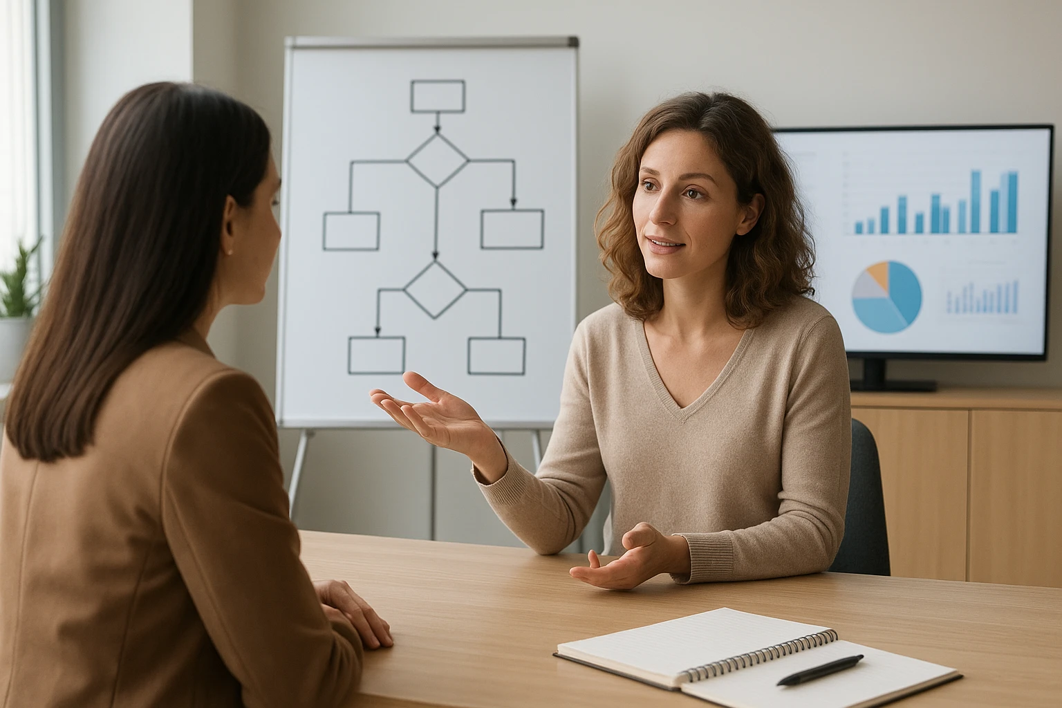Échange entre entrepreneuse et accompagnante devant un tableau de décisions