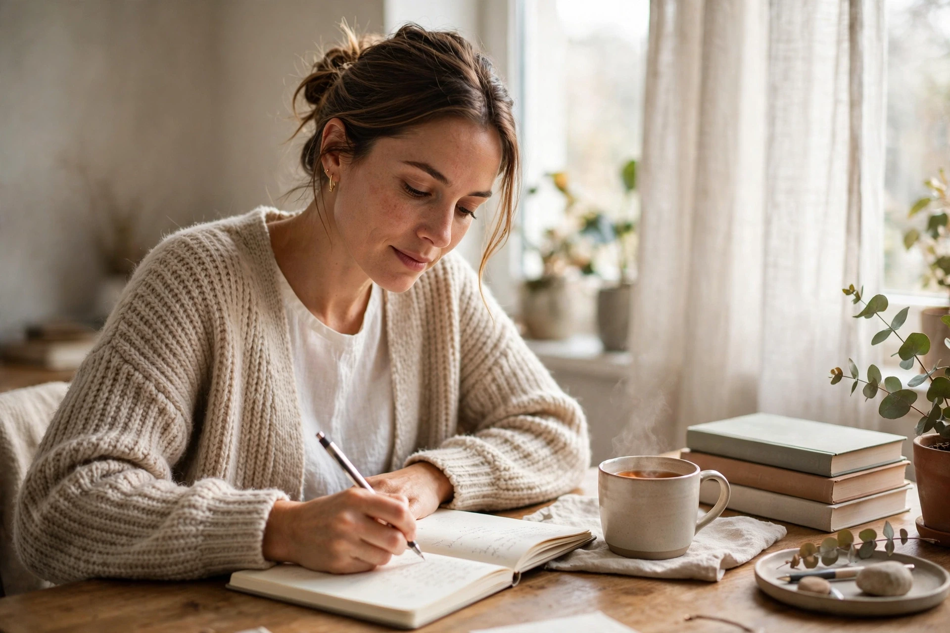 Femme entrepreneuse notant ses idées près d'une fenêtre