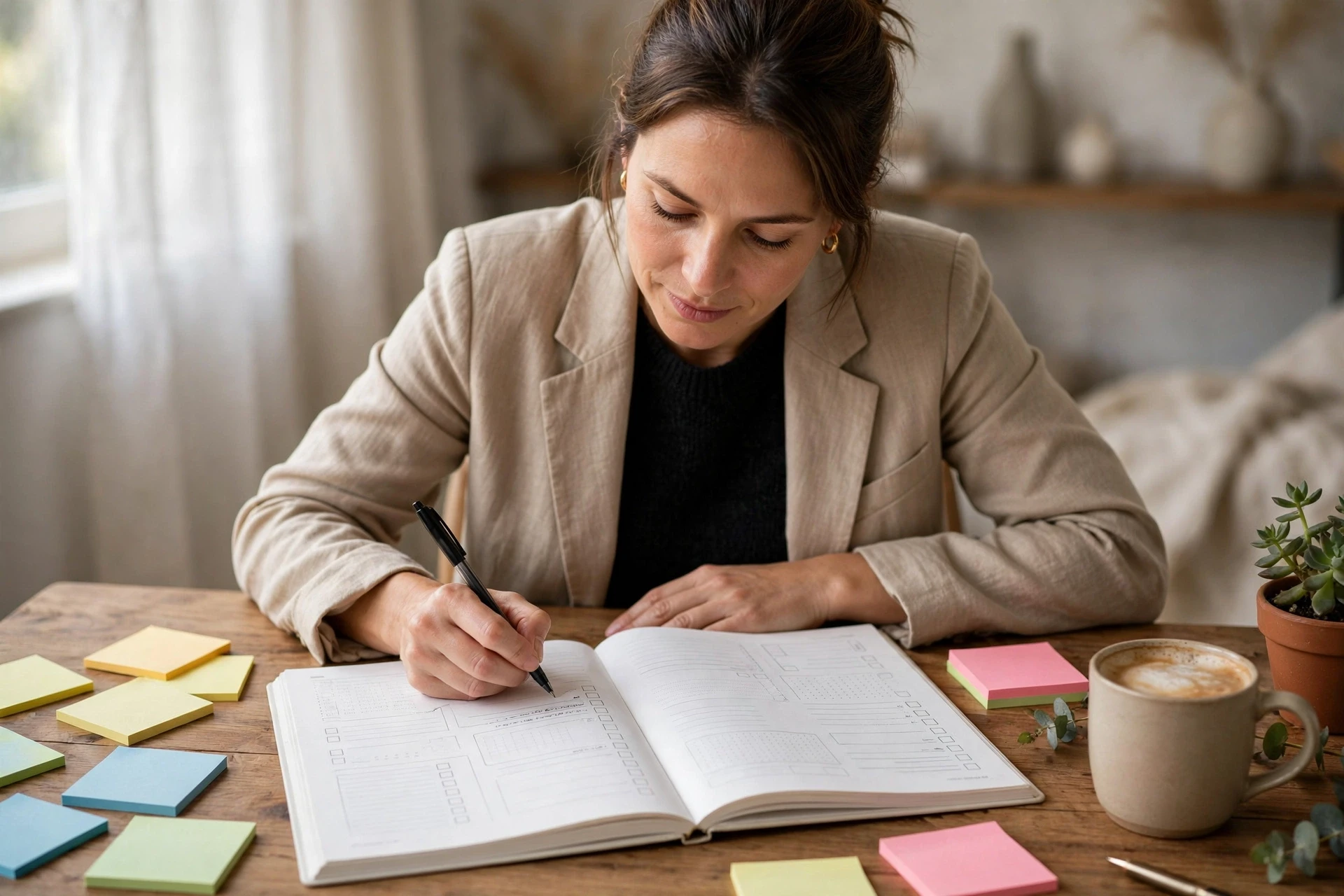 Femme concentrée remplissant un cahier d'exercices sur bureau