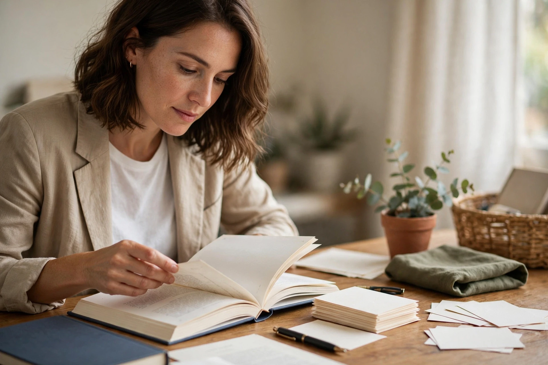 Femme entrepreneur consultant ses fiches de confiance au bureau