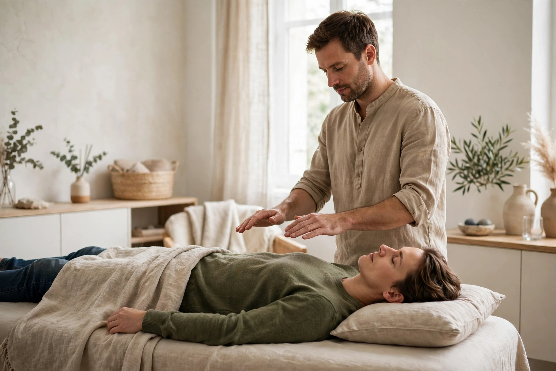 Séance de magnétisme sur table, mains à distance