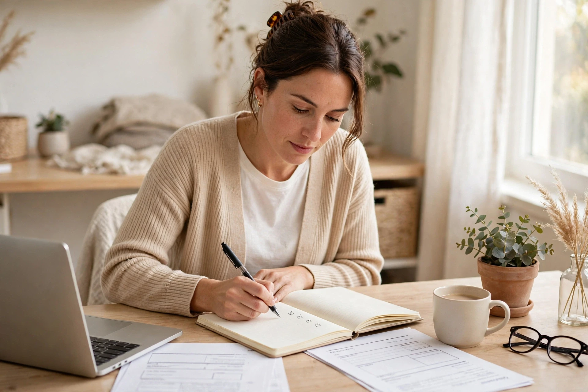 Une entrepreneuse note ses objectifs dans un carnet lumineux