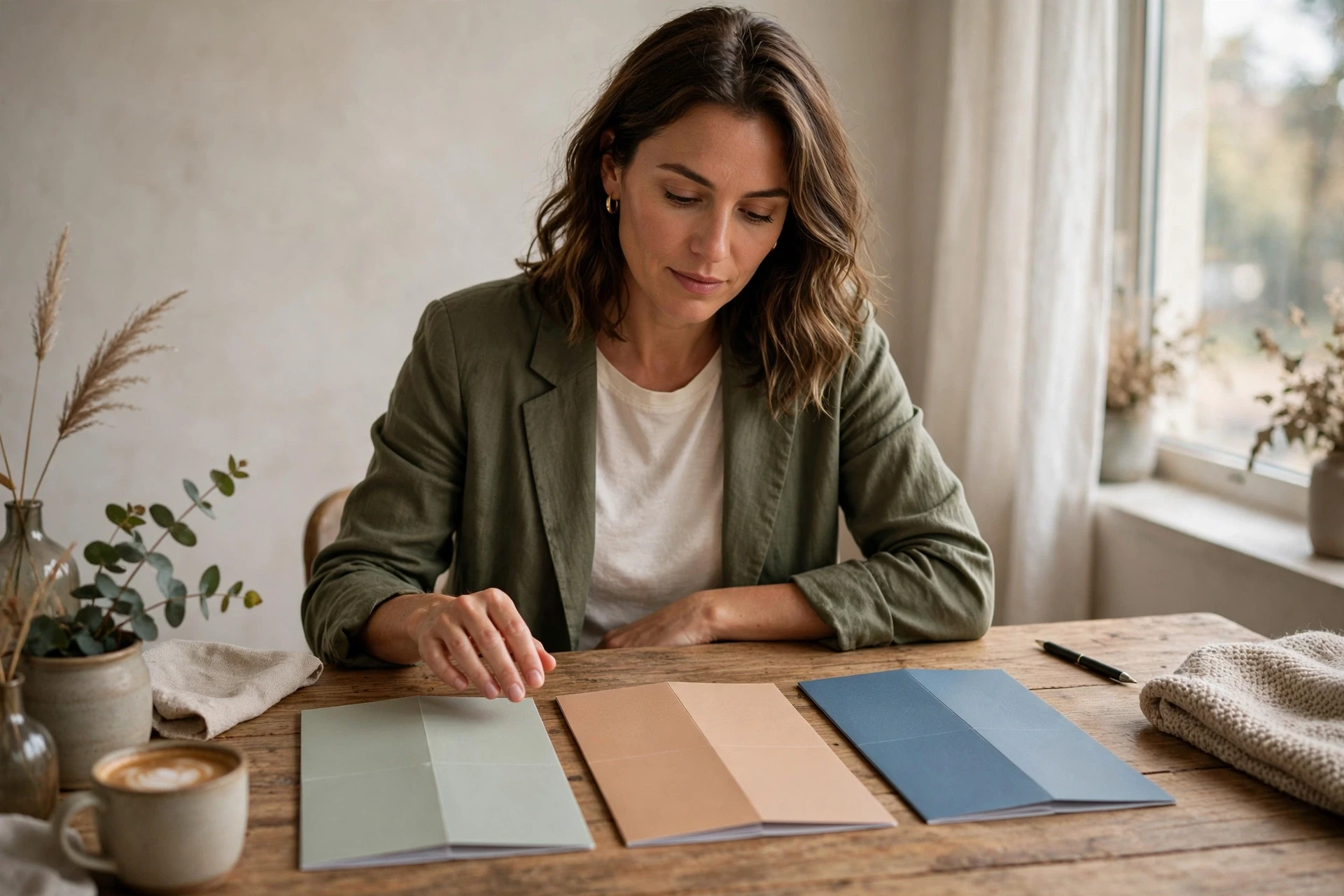 Comparant trois brochures de coaching près d'une fenêtre