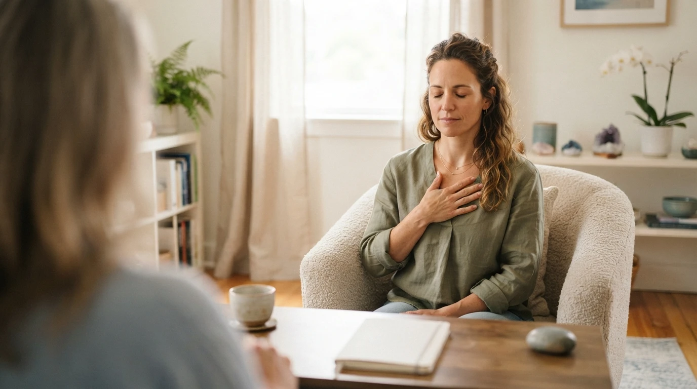 Femme apaisée méditant, main sur le cœur