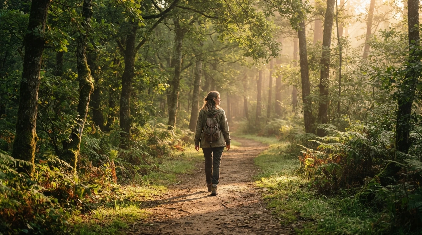Marche apaisée en forêt matinale lumineuse