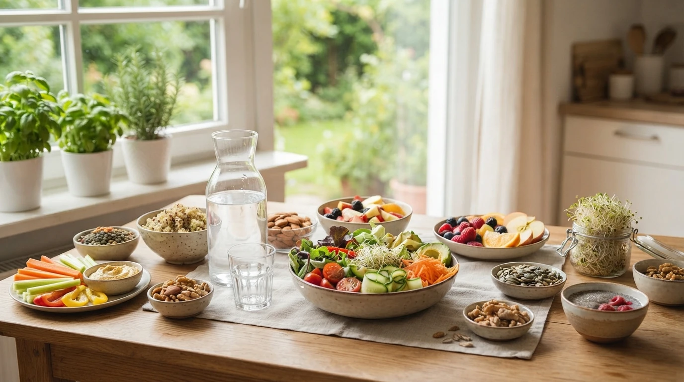 Table en bois garnie de crudités colorées et carafe d'eau près d'une fenêtre lumineuse