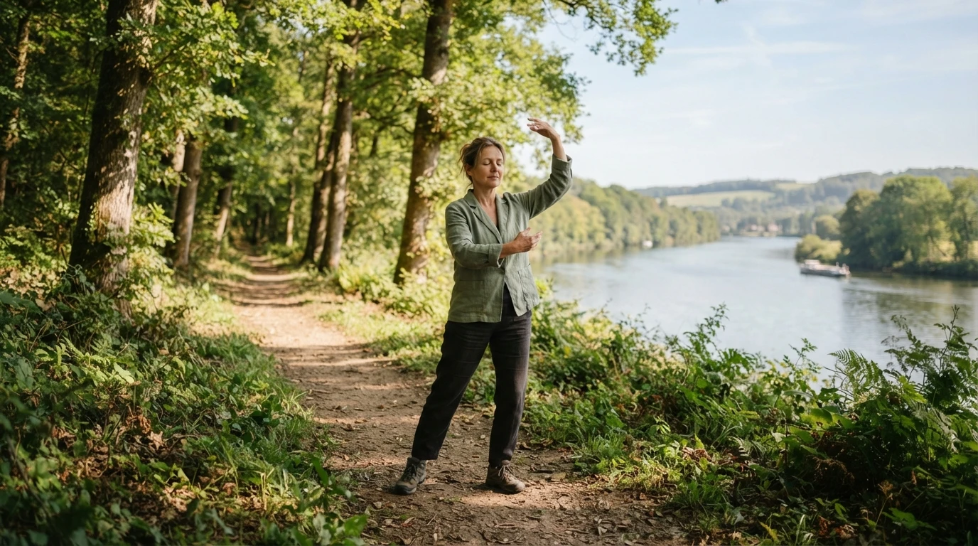 Marcheur pratiquant le qi gong sur un sentier forestier