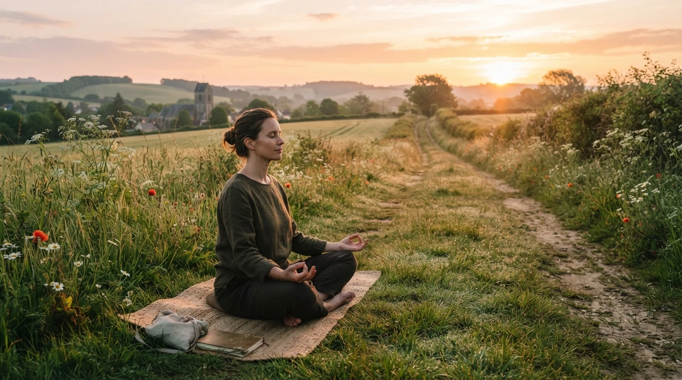 Femme méditant au lever du soleil en campagne normande
